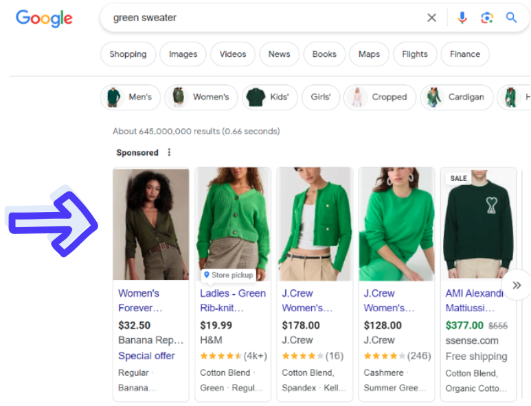 Google search results for green sweater shopping.