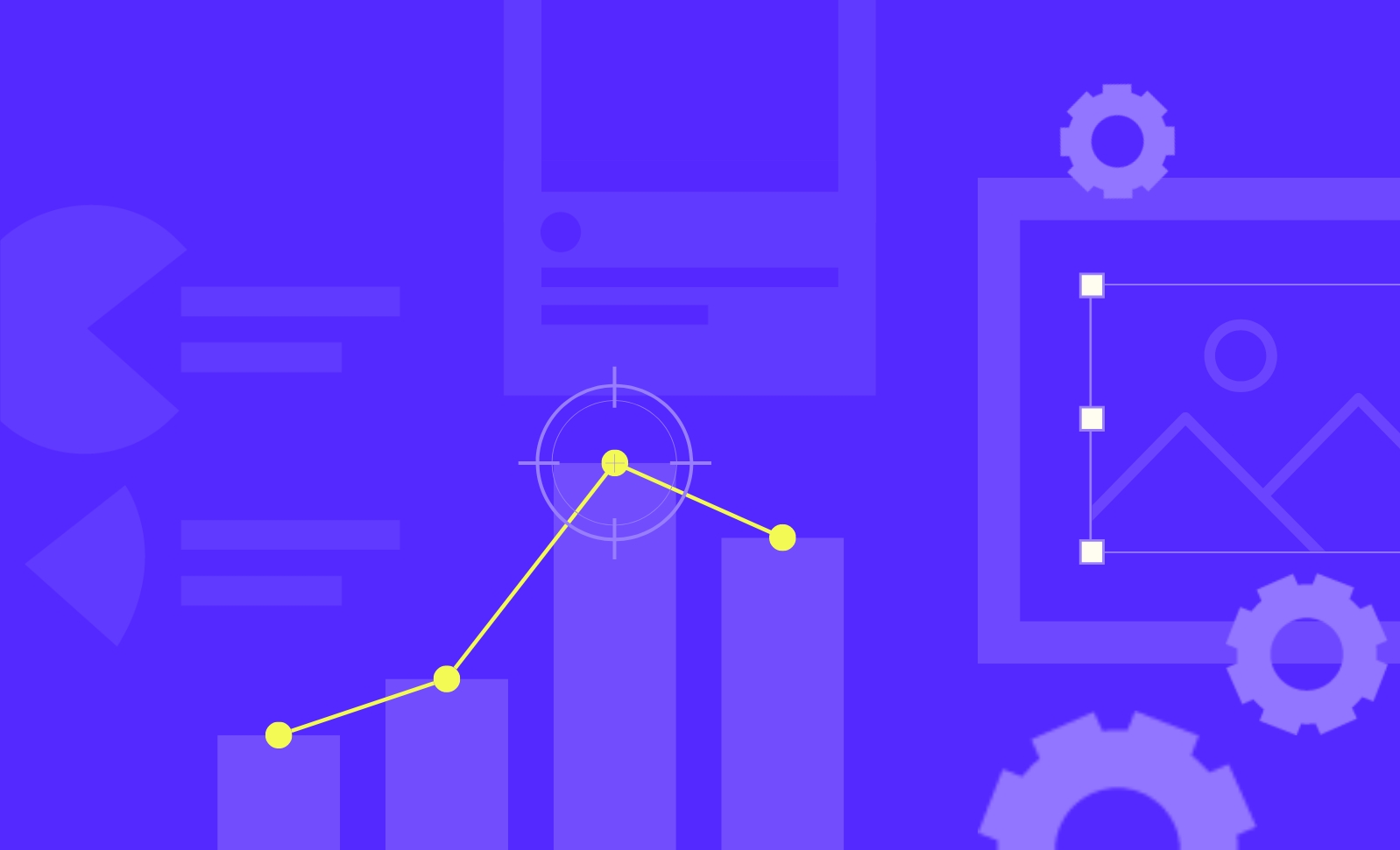 Purple background with bar graph, pi chart, social media outline, gears, and creative canvas.