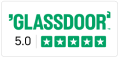 Glassdoor 5.0 rating with five stars.